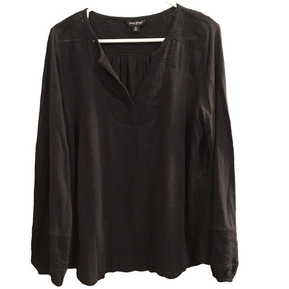 Lucky Brand Womens Top Size M Medium Black Lightweight Lace Inset Long Sleeve - Picture 1 of 7
